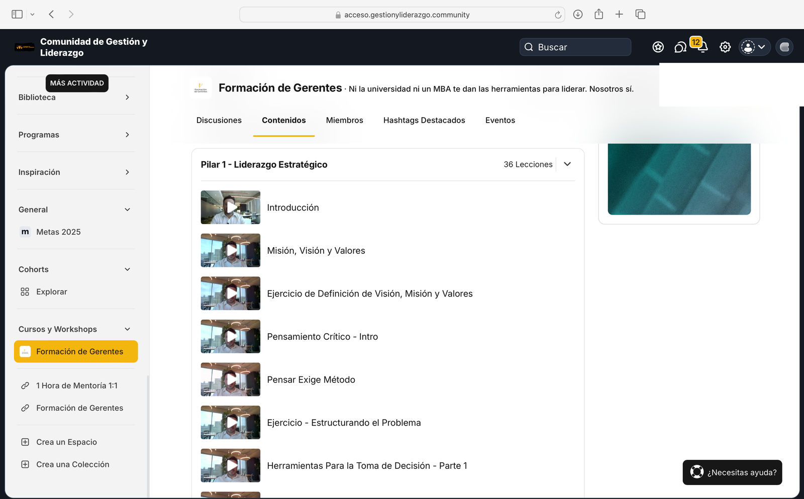 Vista de la plataforma del Curso de Formación de Gerentes: Pilar 1 - Liderazgo Estratégico